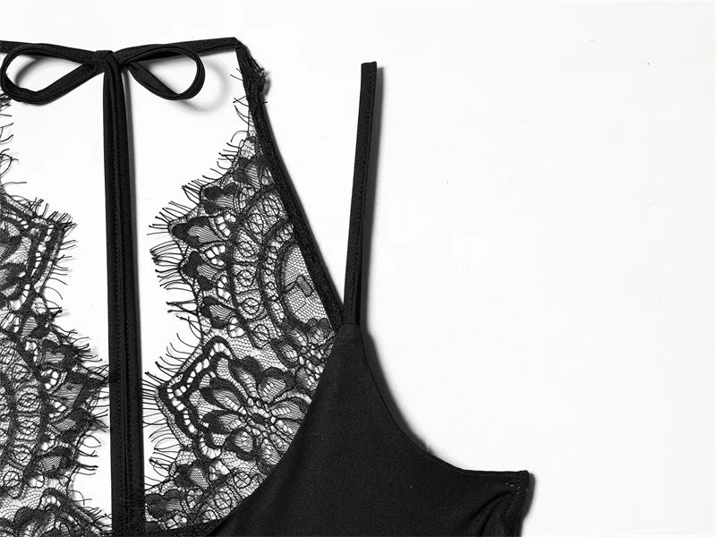 Women's Bodysuit 2026 New Fashion Summer Black Spliced Lace Bodysuit for Women Elegant Chic Personality Spaghetti Strap Bodysuit