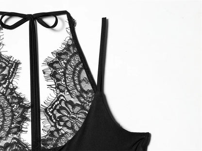 Women's Bodysuit 2026 New Fashion Summer Black Spliced Lace Bodysuit for Women Elegant Chic Personality Spaghetti Strap Bodysuit