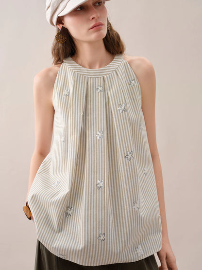 FSLE【Premium Series】2026 Summer Women's Striped Embroidered Sleeveless Blouse - Vacation Elegance Collection for Resort
