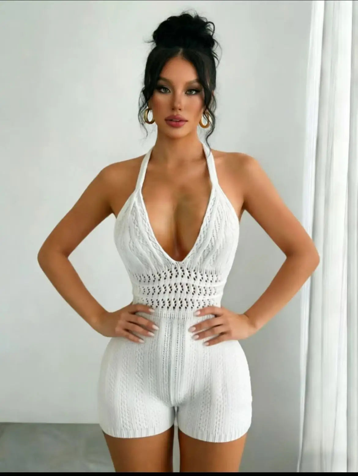 2026 Women's Boho Crochet Halter Romper White Backless Slim Fit Knitted Bodysuit for Beach Vacation Summer Festival