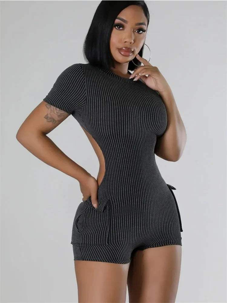 Knitted Ribbed Bodycon Playsuit Women Rompers Summer Clothes Short Sleeve Open Back Pockets Skinny One Piece Jumpsuit De Mujeres