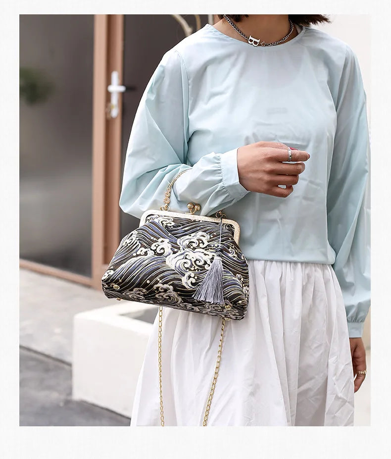 Fashion Vintage Fringe Bag Small Shell Bags Chain Women Shoulder Crossbody Bag Crane Flying Women's Handbags Purses Embroidery