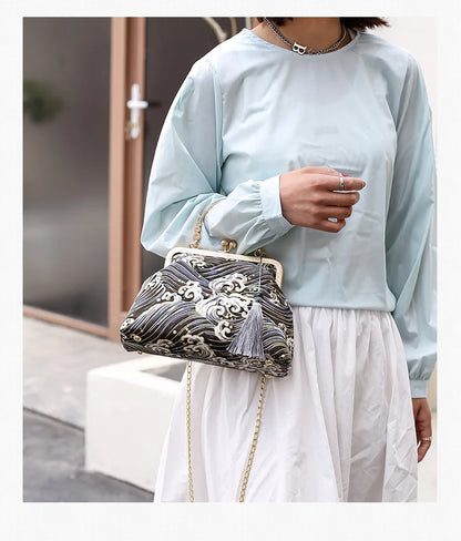 Fashion Vintage Fringe Bag Small Shell Bags Chain Women Shoulder Crossbody Bag Crane Flying Women's Handbags Purses Embroidery