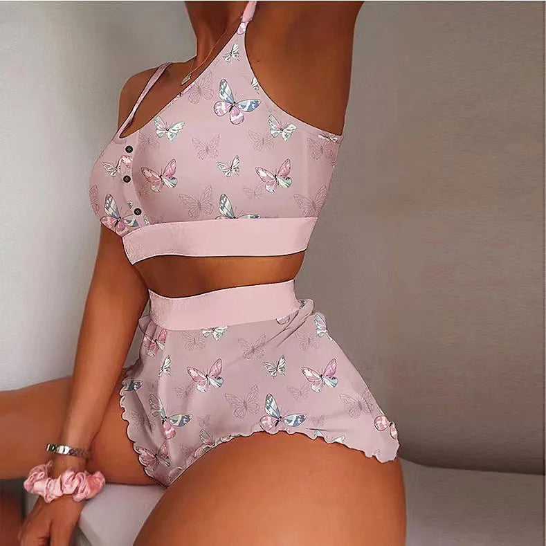 Summer Pajama Sets for Women Sleepwear Strawberry Printed Lace Sling Crop Tops and Shorts 2-Piece Set Loungewear Pijamas