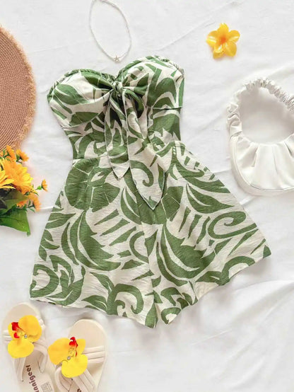 Women's Vacation Spring/Summer Carnival Cruise Party Watercolor Silhouette Printed Lace Up Front Knot Loose Strapless Jumpsuit