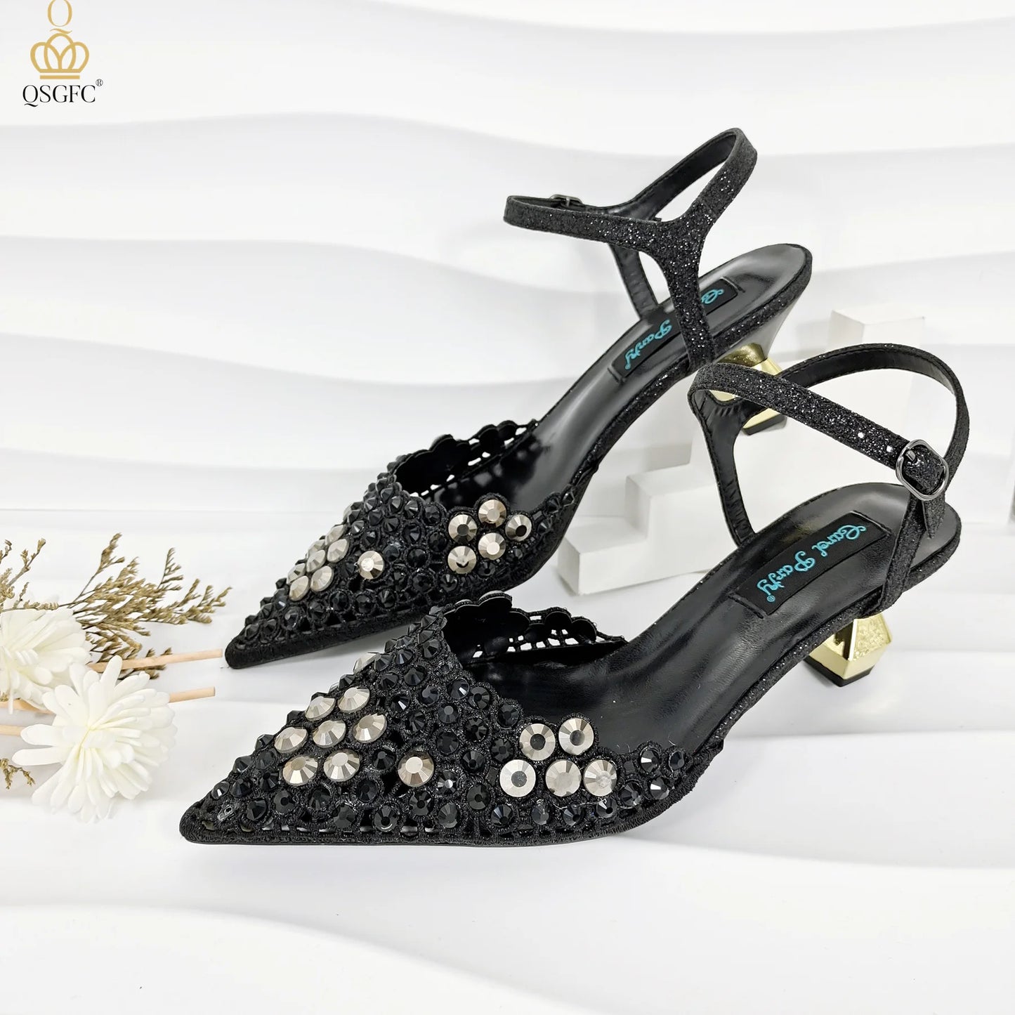Party Style African Women's Shoes Bags Rhinestone Embellished Pointed Toe Cutout Heels Square Clutch Bag