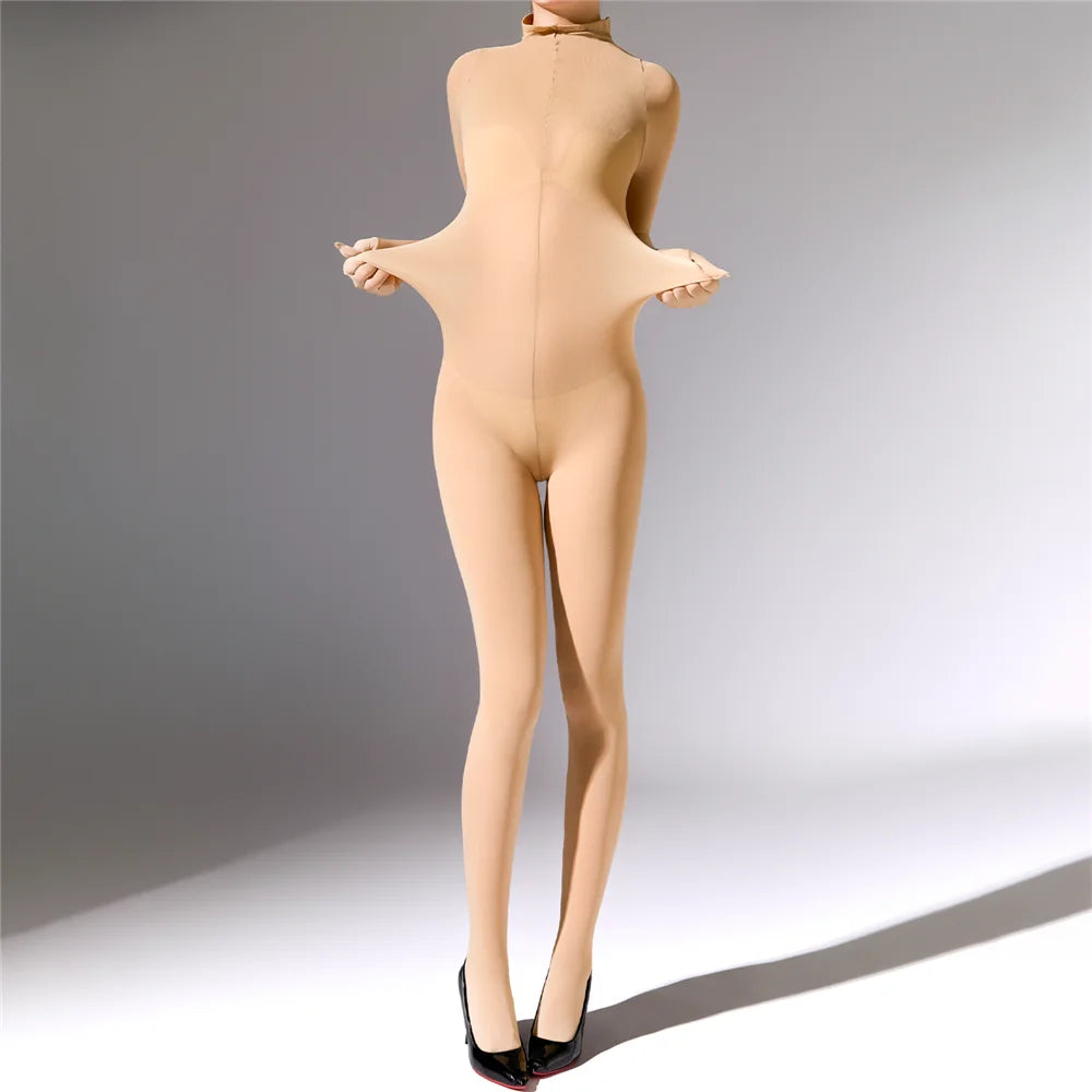 Plus Size Sexy Women 120D Five Finger Glove Sleeve Bodysuit Seamless Tight Warm High Elastic Shaping Cosplay Unisex Fit Jumpsuit