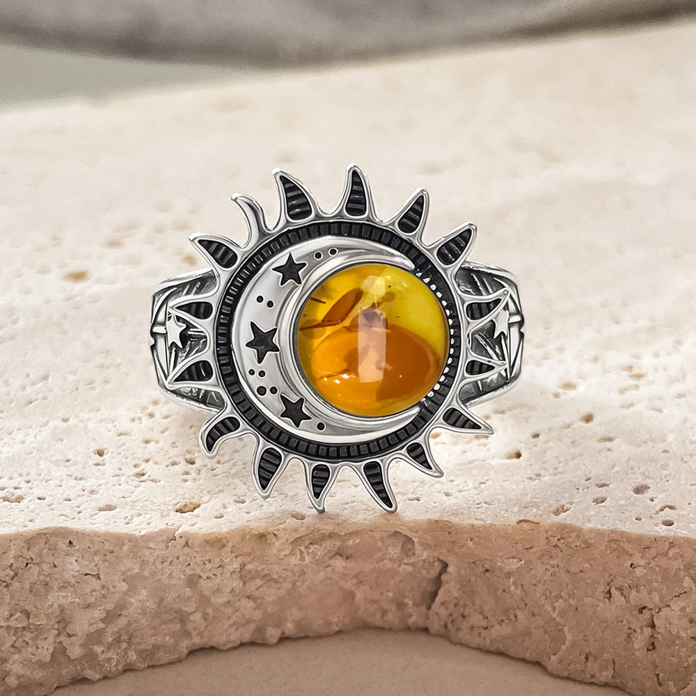 925 Sterling Silver Natural Moonstone Ring 8MM Bohemian Star Sun Moon Shape Ring Gothic Punk Style Party Gift for Women Men