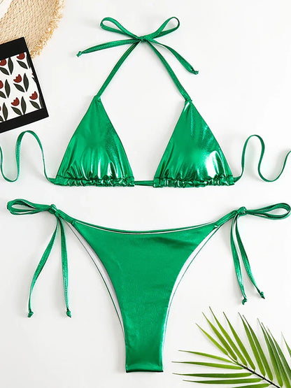 Sexy Metallic Halter Bikinis Sets Lace Up Triangle Tie Side Bikini 2026 Swimsuit Women Swimwear Brazilian Female Bathing Suits