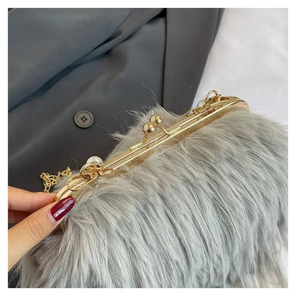 Beading Chain Women's Evening Plush Handbags Faux Fur Tassel Ladies Shoulder Bag Elegant Female Crossbody Bags Party Furry Purse