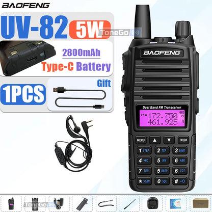 1/2Pcs Baofeng UV-82 Walkie Talkie 5/8W Tri-Power FM Radio Type-C Charger Dual PTT Dual Band VHF/UHF Two Way Camouflage For Hunt
