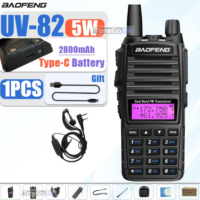 1/2Pcs Baofeng UV-82 Walkie Talkie 5/8W Tri-Power FM Radio Type-C Charger Dual PTT Dual Band VHF/UHF Two Way Camouflage For Hunt