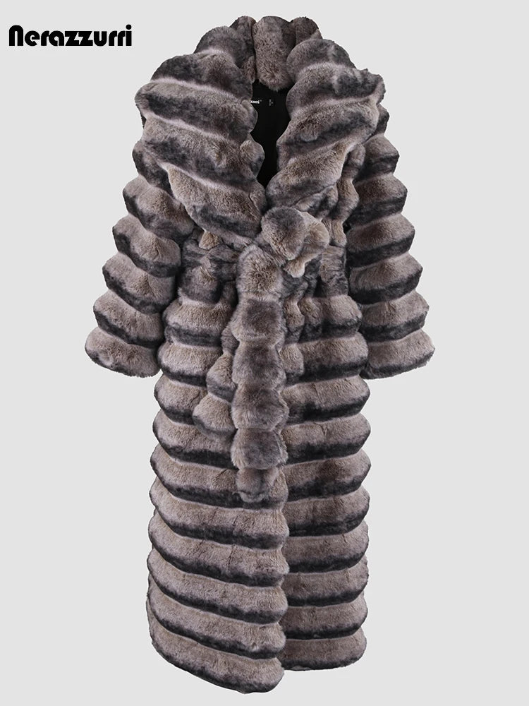 Nerazzurri Winter Extra Long Thick Warm Colorful Soft Striped Fluffy Faux Chinchilla Fur Coat Women Shawl Collar Furry Overcoat