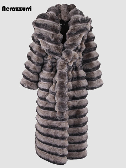 Nerazzurri Winter Extra Long Thick Warm Colorful Soft Striped Fluffy Faux Chinchilla Fur Coat Women Shawl Collar Furry Overcoat