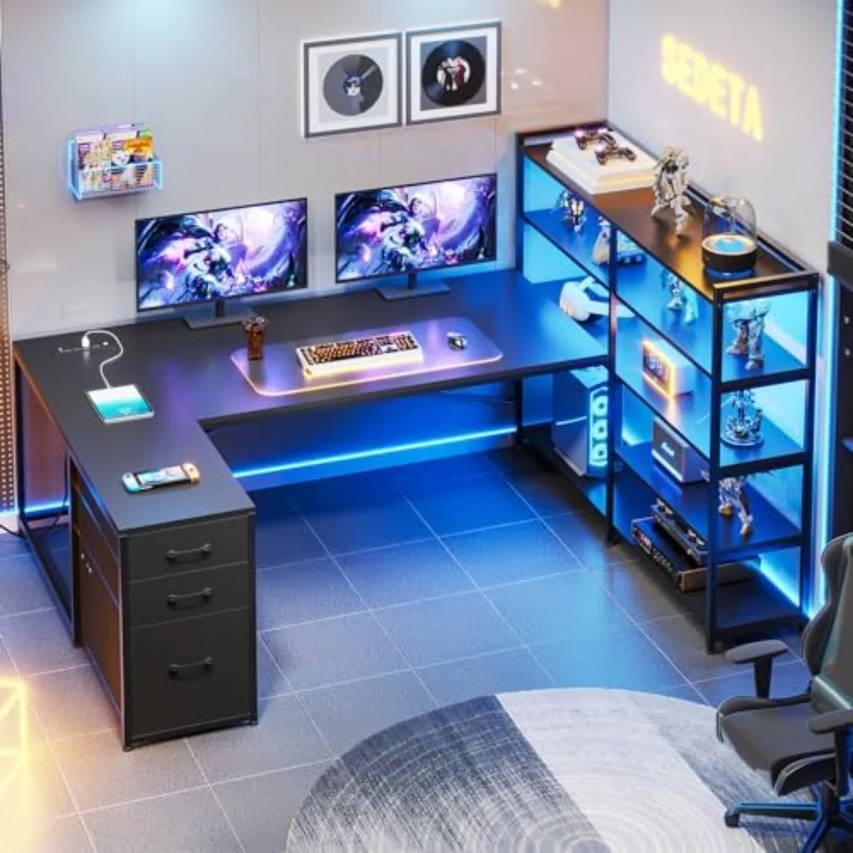 L Shaped Gaming Desk, Reversible U Shaped Computer Desk with Power Outlet and Storage Shelves, Corner Gaming Desk with