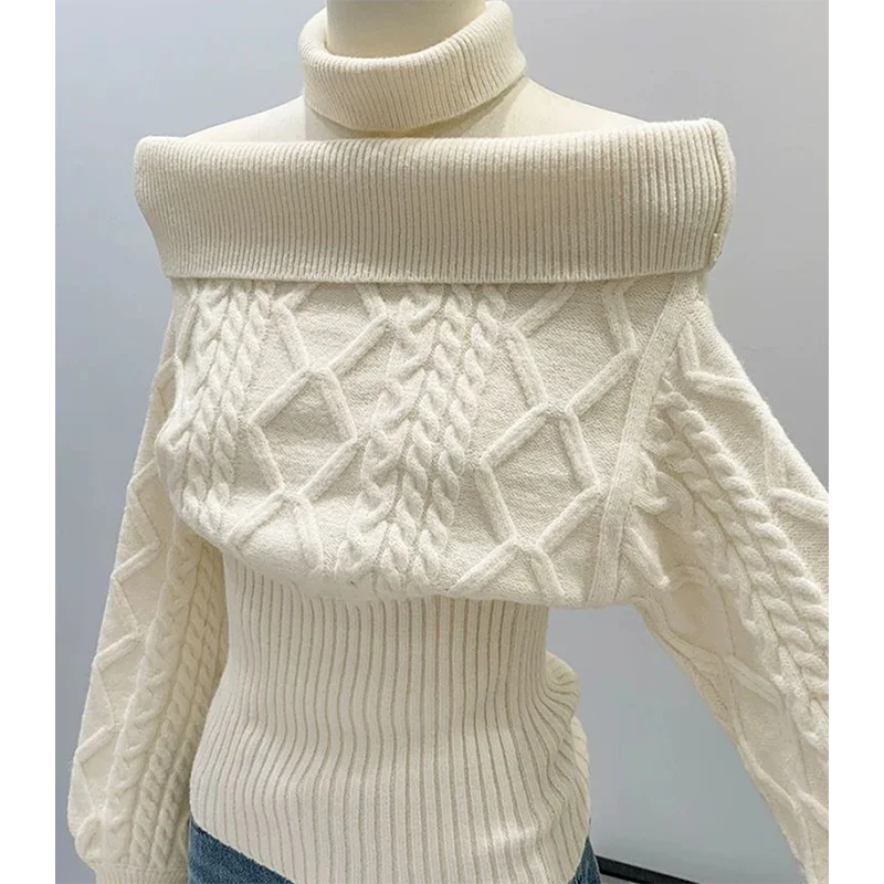 Sexy Off Shoulder Knit Sweater Women Cable Striped Slim Y2K Pullover Fashion Casual Preppy Style Long Sleeve Spring Fall Top