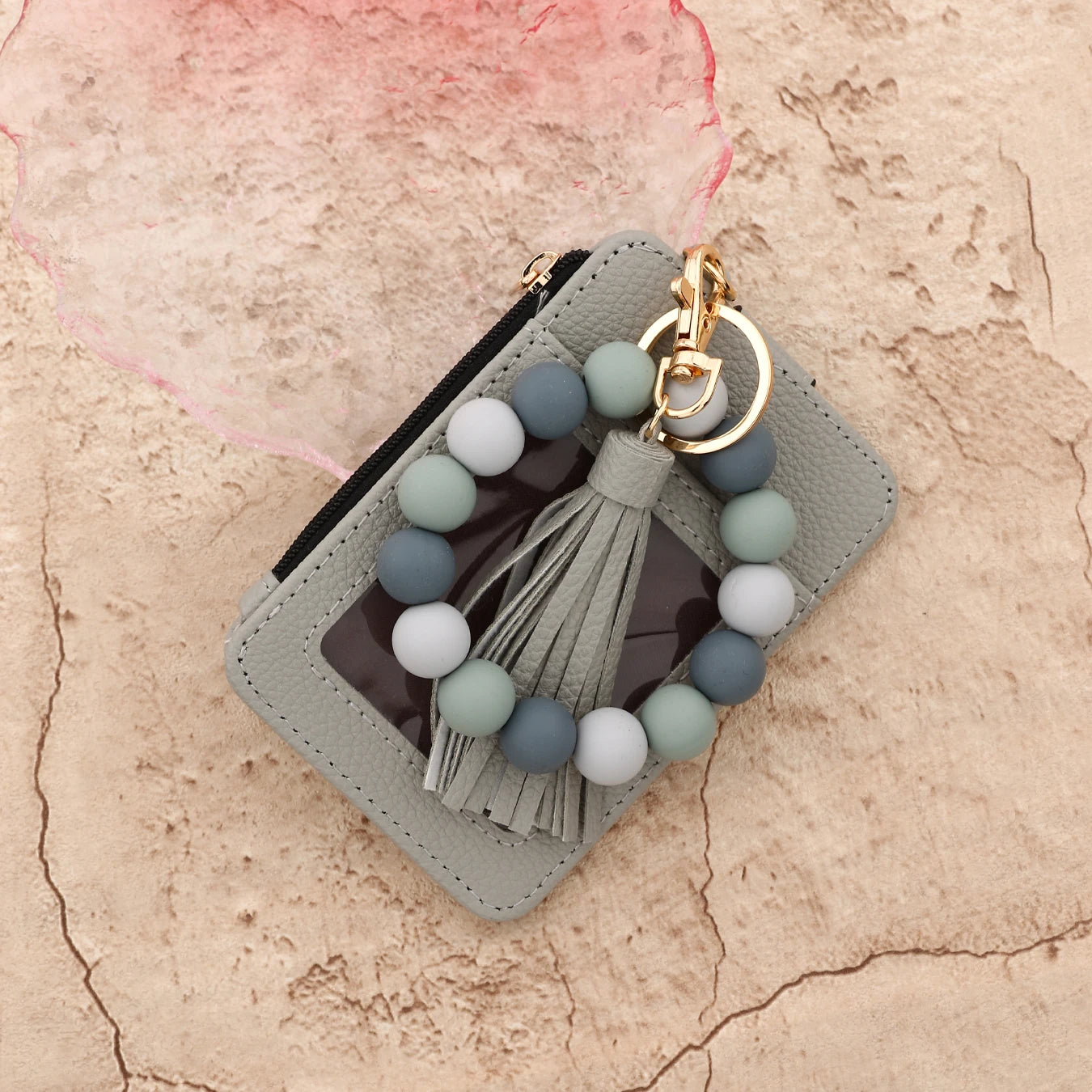 2025 Silicone bead pu leather key chain wristlet id credit card holder keychain wallet for women with bangle bracelet