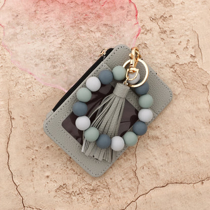2025 Silicone bead pu leather key chain wristlet id credit card holder keychain wallet for women with bangle bracelet