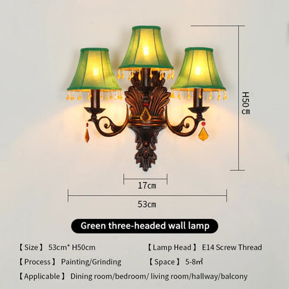 Retro American European Iron Art Red Cloth Crystal Wall Lamp for Hall Restaurant Bedroom Walkway Hotel Bar Decorative Wall Light