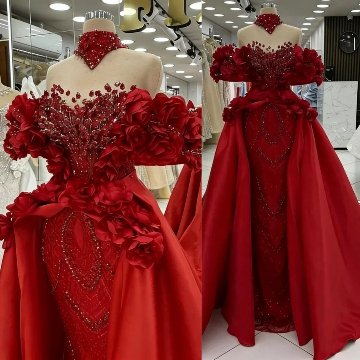 Gorgeous Red Prom Dress With Overskirt Hand Made Flowers Beads Party Gowns Celebrity Evening  Dresses Robe de Customized