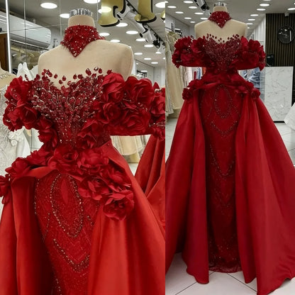 Gorgeous Red Prom Dress With Overskirt Hand Made Flowers Beads Party Gowns Celebrity Evening  Dresses Robe de Customized