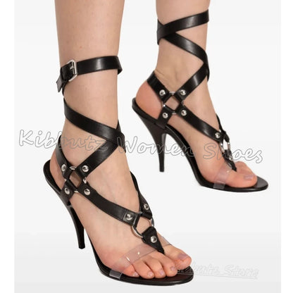 T-Tied Ankle Strap Sandals Belt Buckle Leather Women Shoes Clip-Toe Thin Heels Fashion Luxury Elegant Concise Novelty Summer New