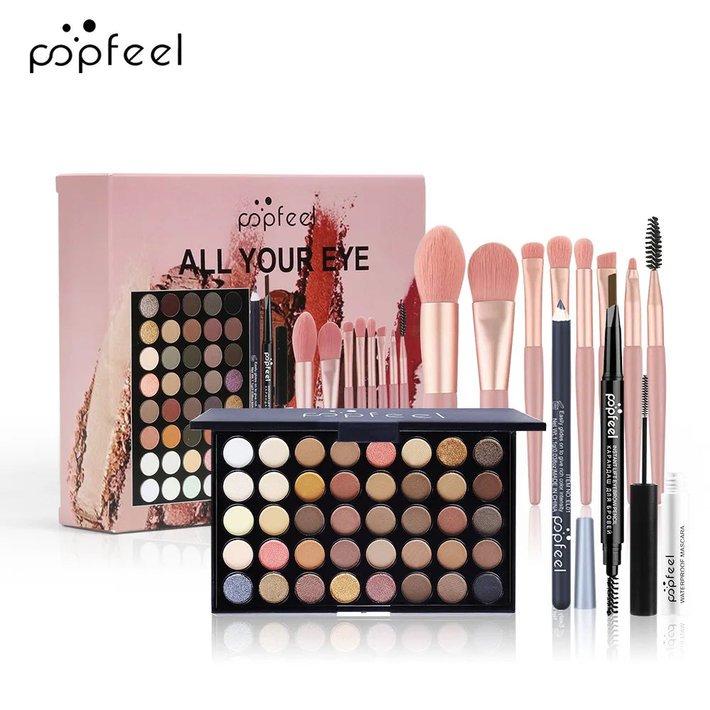 Essential Eye Makeup Set for Beginners Matte&Shimmer Eyeshadow Palette, Mascara, Eyebrow Pencil, Lip Eyeliner,Brush Tool Set Box