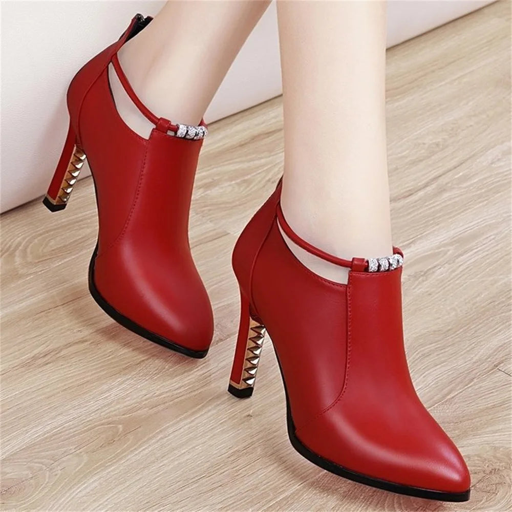 Elegant Red Pointy Toe Office Lady Booties Sexy Black High Heels Boots Classic Thin Heel Ankle Boots Women Dress Shoes
