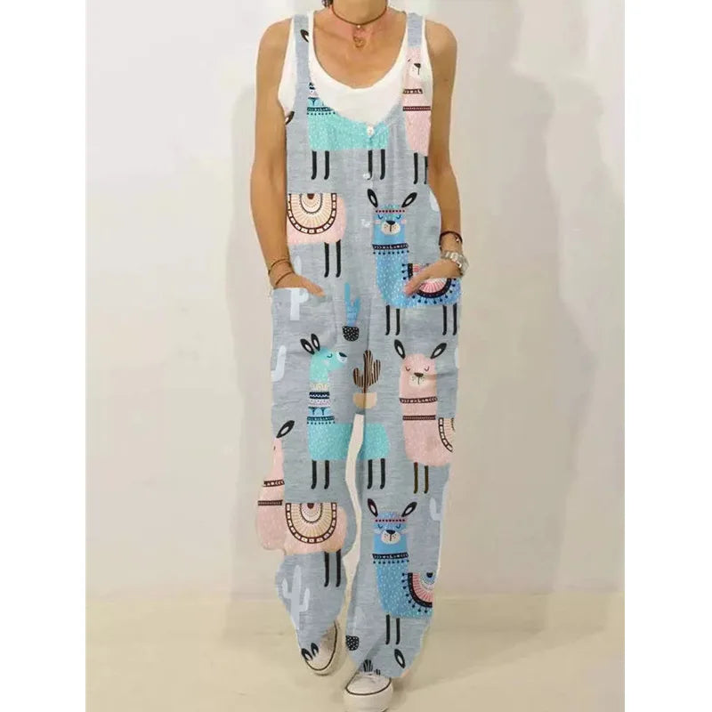 Women's Sleeveless Jumpsuit 2022 Summer Boho Floral Wide Leg Long Pants Rompers Ladies Strap Plus Size Casual Loose Bib Trousers