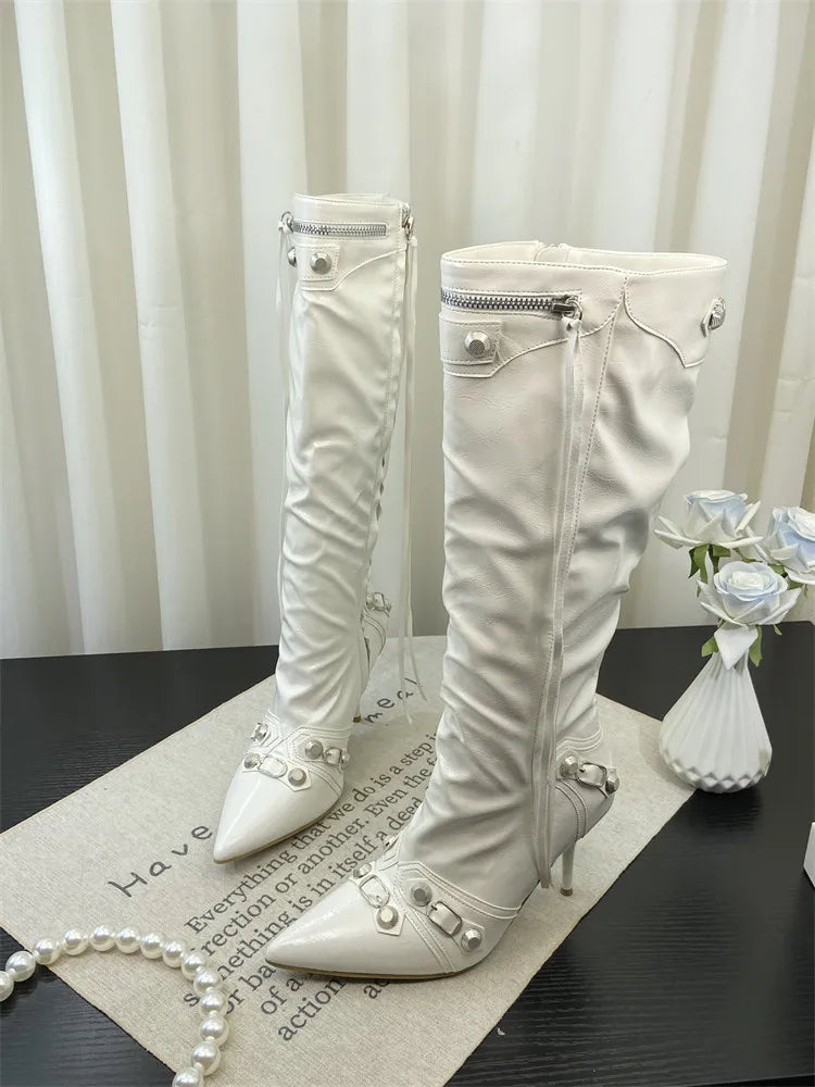 ZAROY Thin High Heels Knee-high Boots Women Winter Shoes Designer Tassels Rivet Side Zippers Sexy Pointed Toe Punk Long Booties