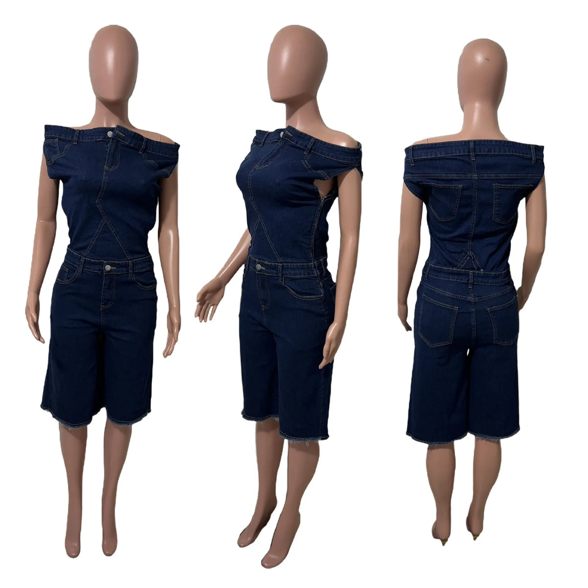 Jumpsuits Women Denim One Piece Short Sleeve Overalls Knee Length Pants Tight Waist Rompers Y2k Streetwear Slash Neck 2026