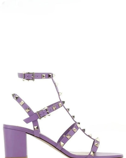 Rockstud Open Toe Block Heel Sandals Luxury Designer Ankle Straps Chunky Heels Women Summer Colorful Leather Pumps Dress Shoes