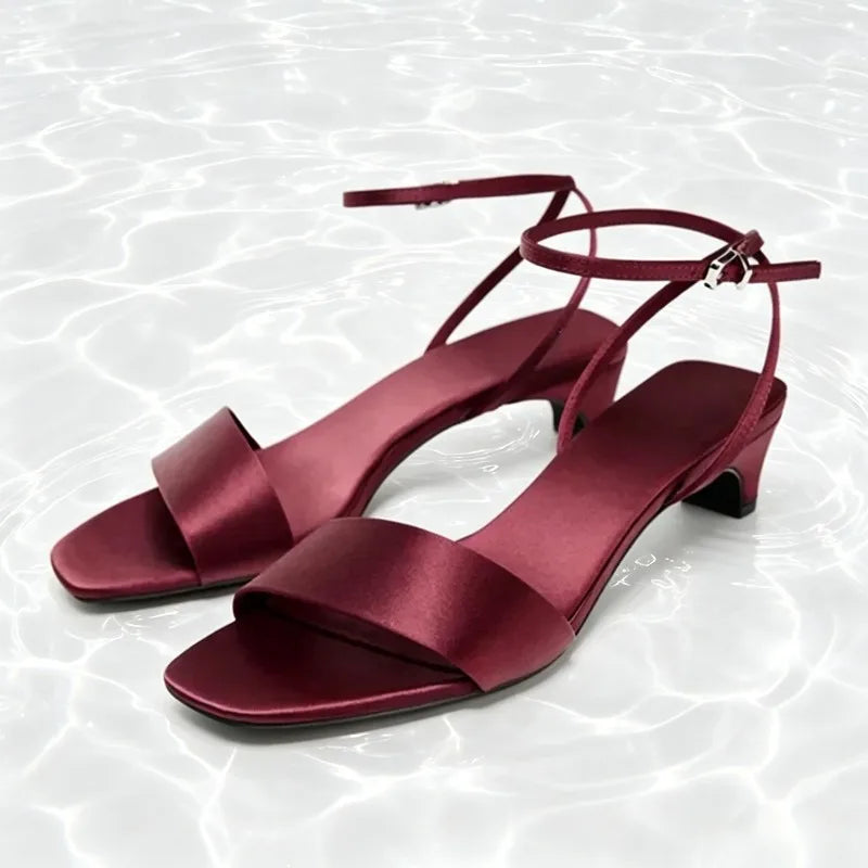 Burgundy Satin Low Heel Sandals Women Summer Sexy Open Toe Ankle Buckle Dress Shoes Luxury Brand Designer Shoes Zapatos De Mujer