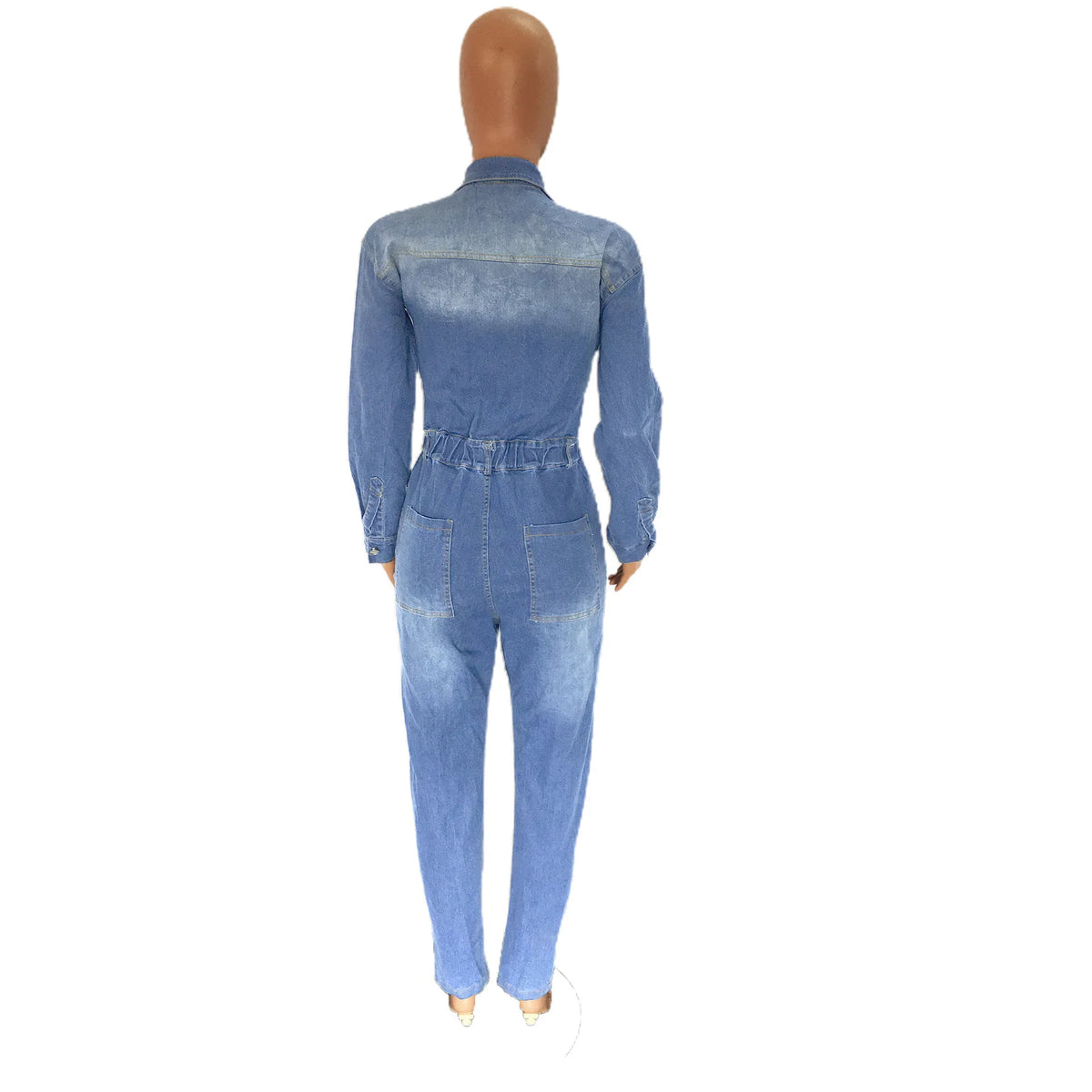 Women Autumn Turn Down Collar Loose One Piece Full Sleeve Tight High Waist Overalls Slim Denim Jumpsuits Long Pants Rompers
