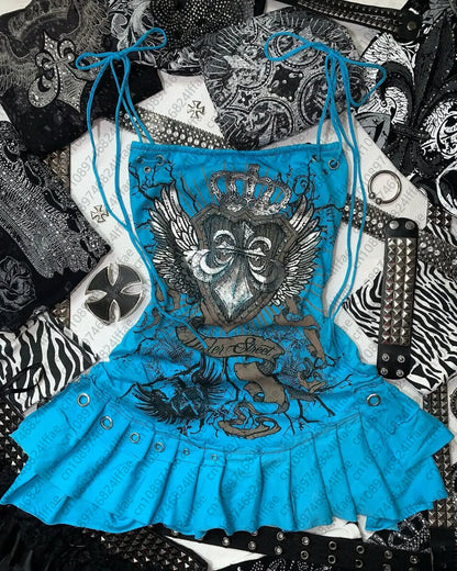 Y2K Girl Camisole Dress Top Y2K Clothes Blue Gothic Bow Slim Fit Underwear Personality New Versatile