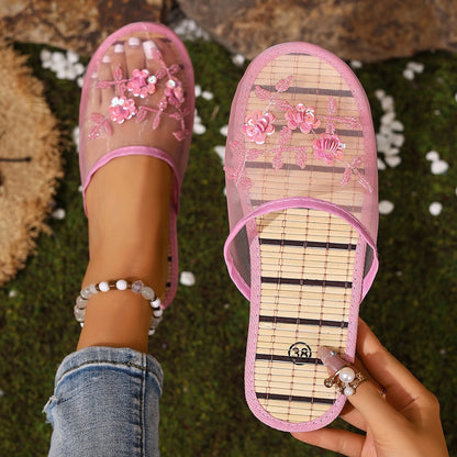 Mesh Breathable Embroider Sequin Flower Mules Shoes Summer Closed Toe Soft Bottom Sandals Female Chinese Style Bamboo Sandals