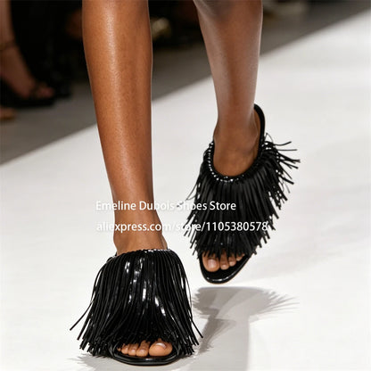 Blue Patent Leather Fringe Wedge Heel Mules Open Peep Toe Slip On Irregular Heel Sandals Nightclub Party Runway Shoes for Women