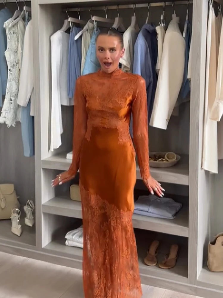 Women Slim Fit Lace Satin Mermaid Gown High Neck Long Sleeve Cutout Back Maxi Dress Female Formal Wedding Guest Party Dresses