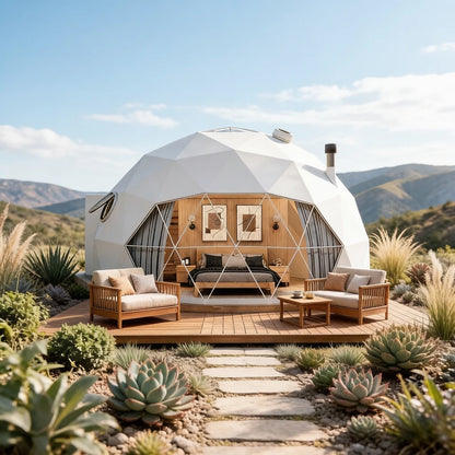 Hot Product Glamping Dome Tent 5m with Damp Proof PVC Windproof for Four Season Family Camping Resort With Dining Bath