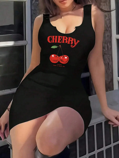 2026 Casual Sexy Cherry Print Round Neck Vest Dress, Spring and Summer Casual Sleeveless Tight Fitting Dress, Women's Dress