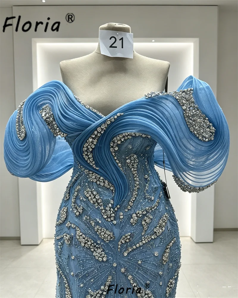 Floria Blue Mermaid Evening Dress Sparkly Crystal Beaded 3D Off Shoulder Wrap Formal Party Gown Prom Dresses Women Customized