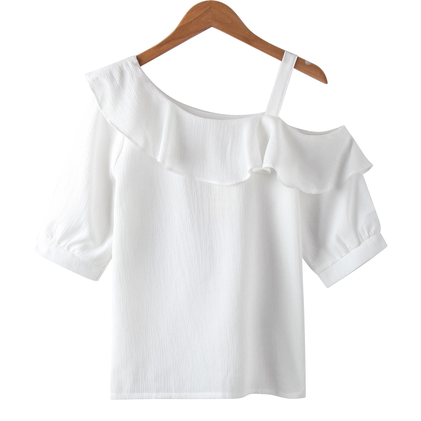 Women's Shirt Tops One-Shoulder Ruffles Short-sleeved Chiffon Blouse