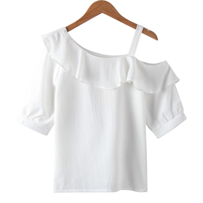 Women's Shirt Tops One-Shoulder Ruffles Short-sleeved Chiffon Blouse