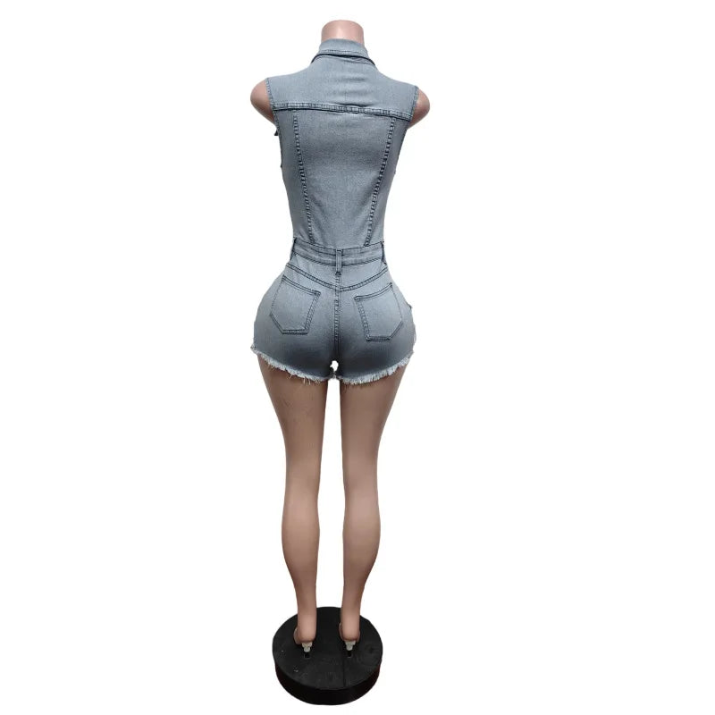 Tassel Denim Casual Playsuit Sexy Women Turn Down Collar Elegant  Jeans Club Party Overalls Romper