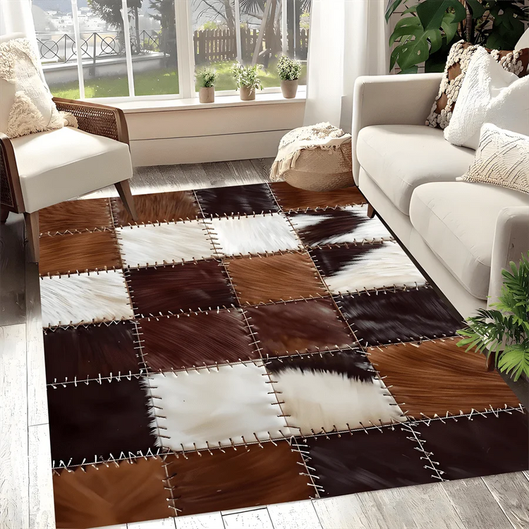 Checkered Cow Leather Pattern Doormat, High-Quality Flannel Non-Slip Machine Washable Rug for Multi-Room Multi-Holiday Decor