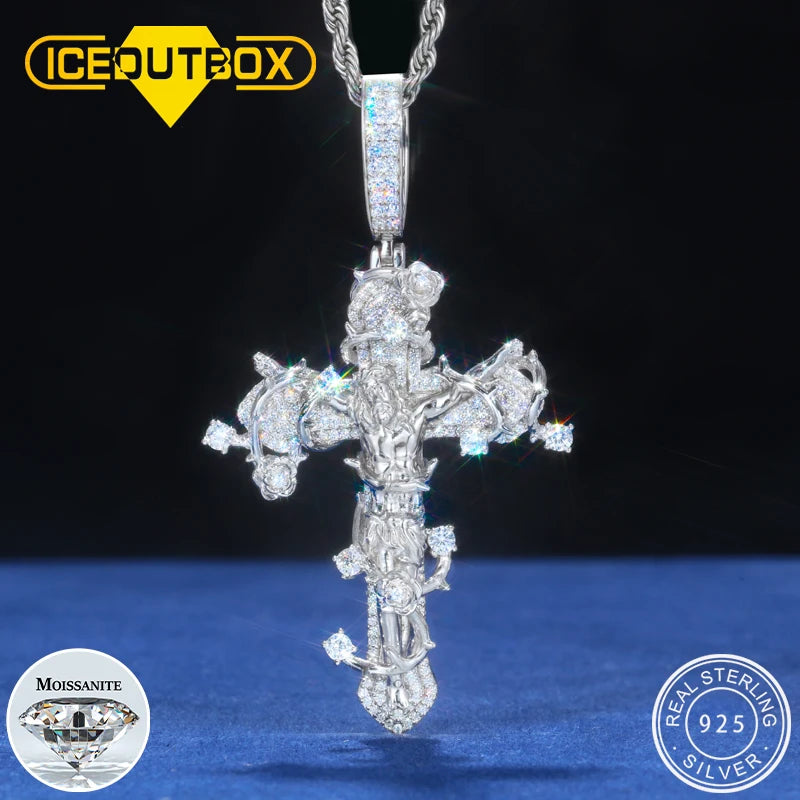 Original Design Iced Out Cross Necklace 925 Sterling Silver Moissanite Thorns Jesus Pendant 2025 Hip Hop Jewelry For Man Women
