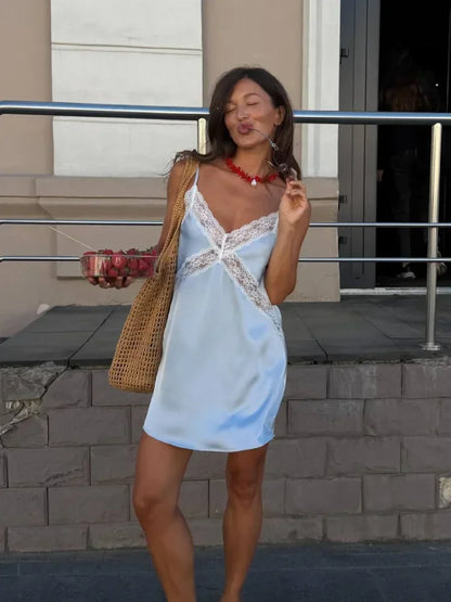 Sexy Blue Satin Lace Slip Mini Dress Women Spaghetti Strap V Neck Hollow Out Bodycon Dresses Lady Summer Beach Short Gown 2026