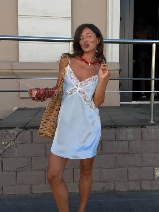 Sexy Blue Satin Lace Slip Mini Dress Women Spaghetti Strap V Neck Hollow Out Bodycon Dresses Lady Summer Beach Short Gown 2026