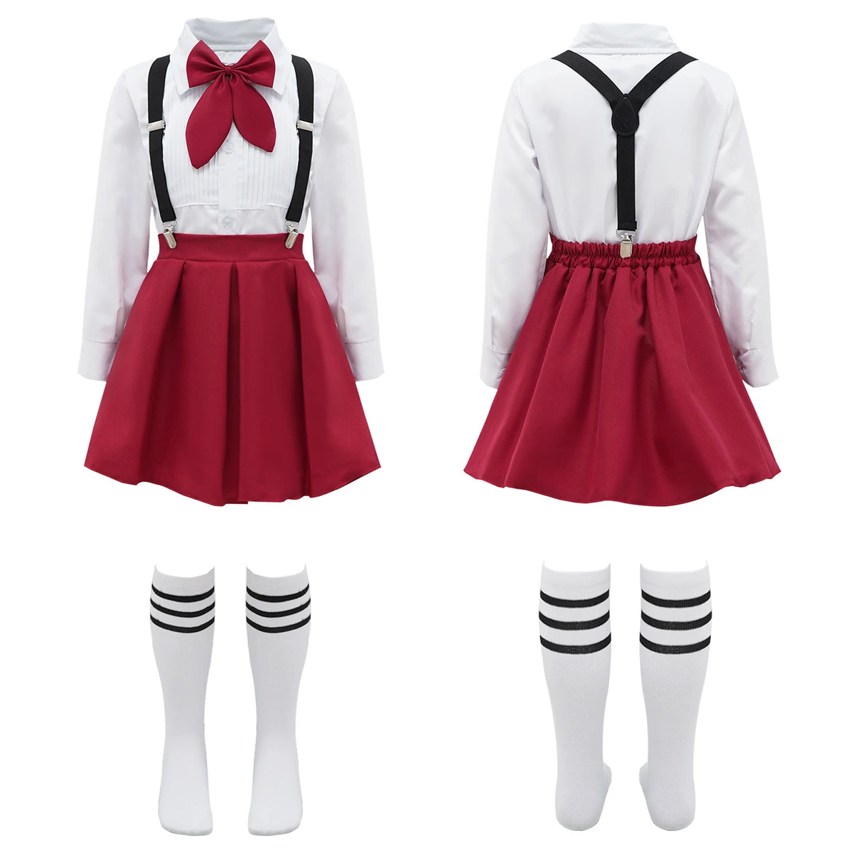 Children Girls Choir Outfits School Uniform Bow Tie Shirt with Suspender Skirt and Socks Schoolgirls Stage Performance Costume