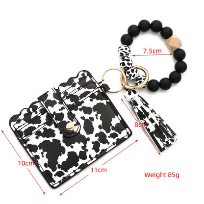 Bull Silicone Beads Bracelet Pu Leather Purse Leopard Print Tassel Cow Wallet Keychain Silicone Beaded ID Card Holder Keychain
